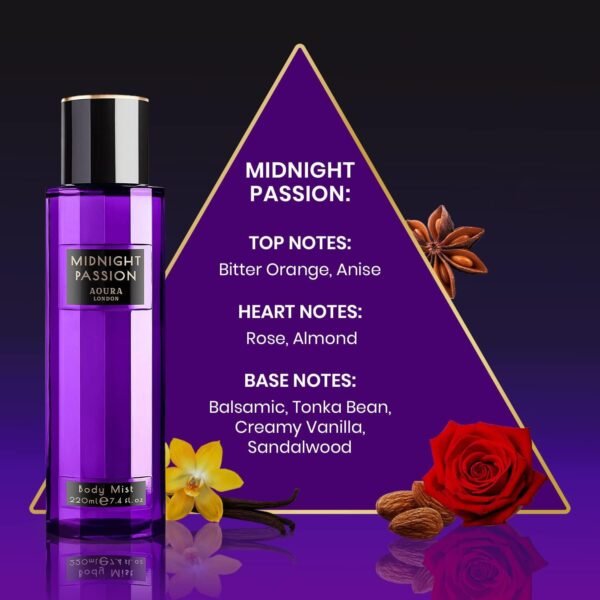 Aoura London Womens Love Rush, Pretty Woman, Midnight Passion Body Mist Mixed Fragrance Spray 220ml Bundle (Pack of 3)