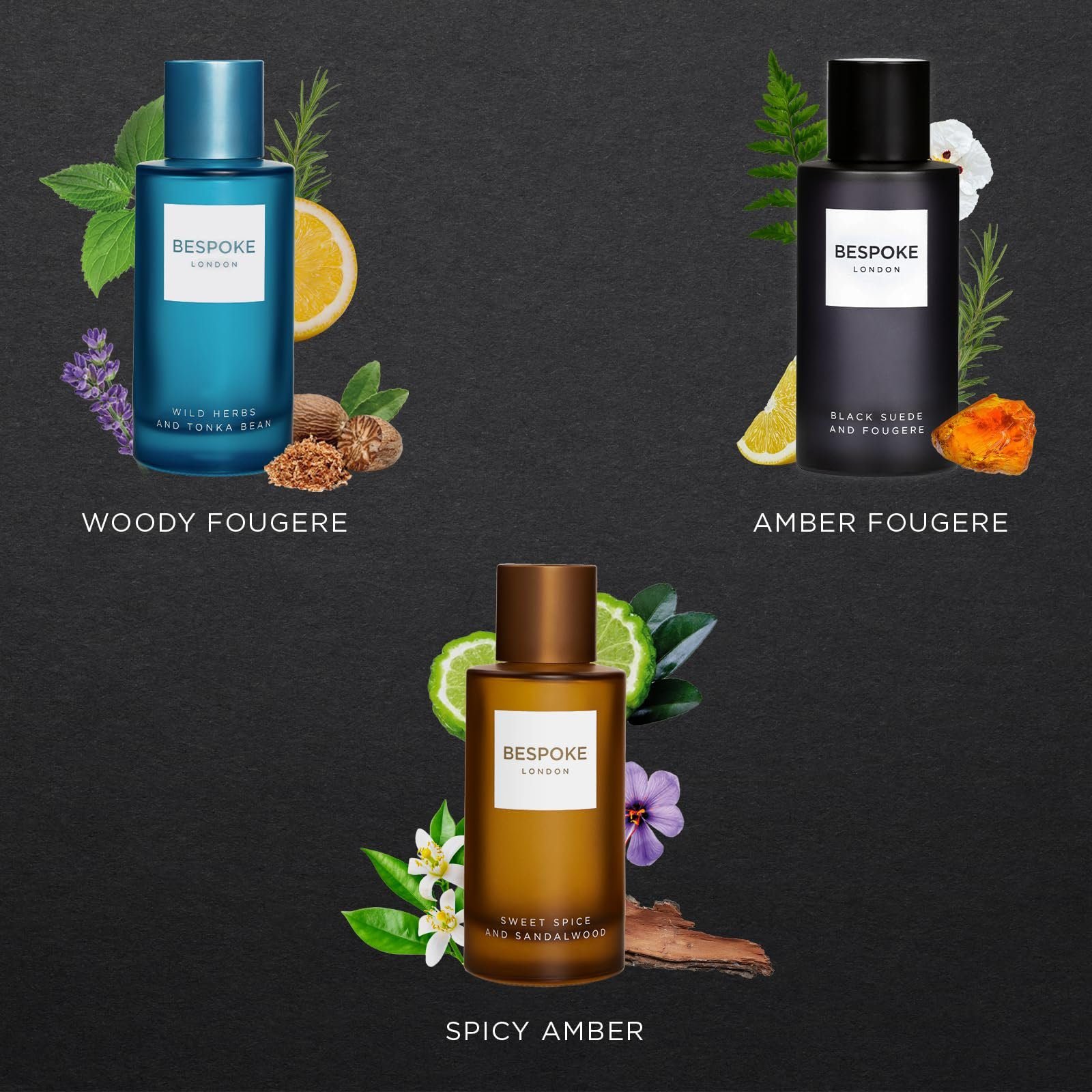 BESPOKE LONDON Premium Mens Perfume Gift Set, Black Suede, Wild Herbs, Sweet Spice, Eau De Parfum with Long Lasting Fragrance - Travel Size Mini Perfume Set, Aftershave Gift Set for Men (3 x 50ml)