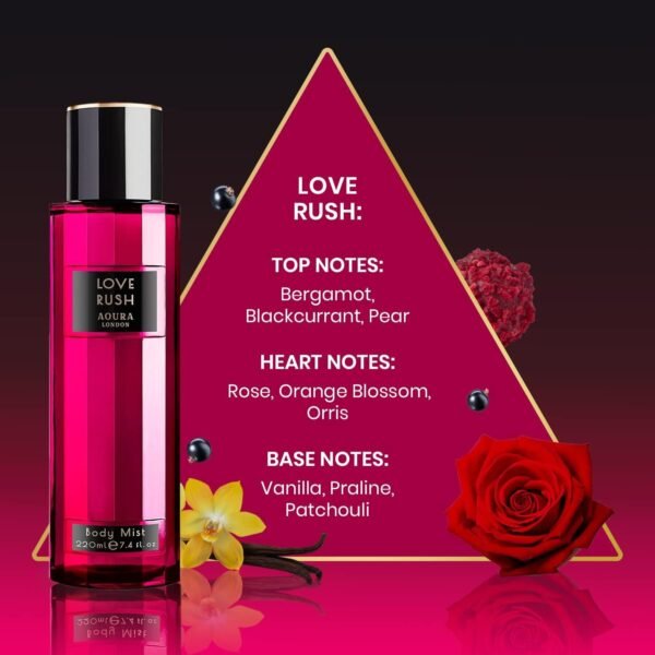 Aoura London Womens Love Rush, Pretty Woman, Midnight Passion Body Mist Mixed Fragrance Spray 220ml Bundle (Pack of 3)