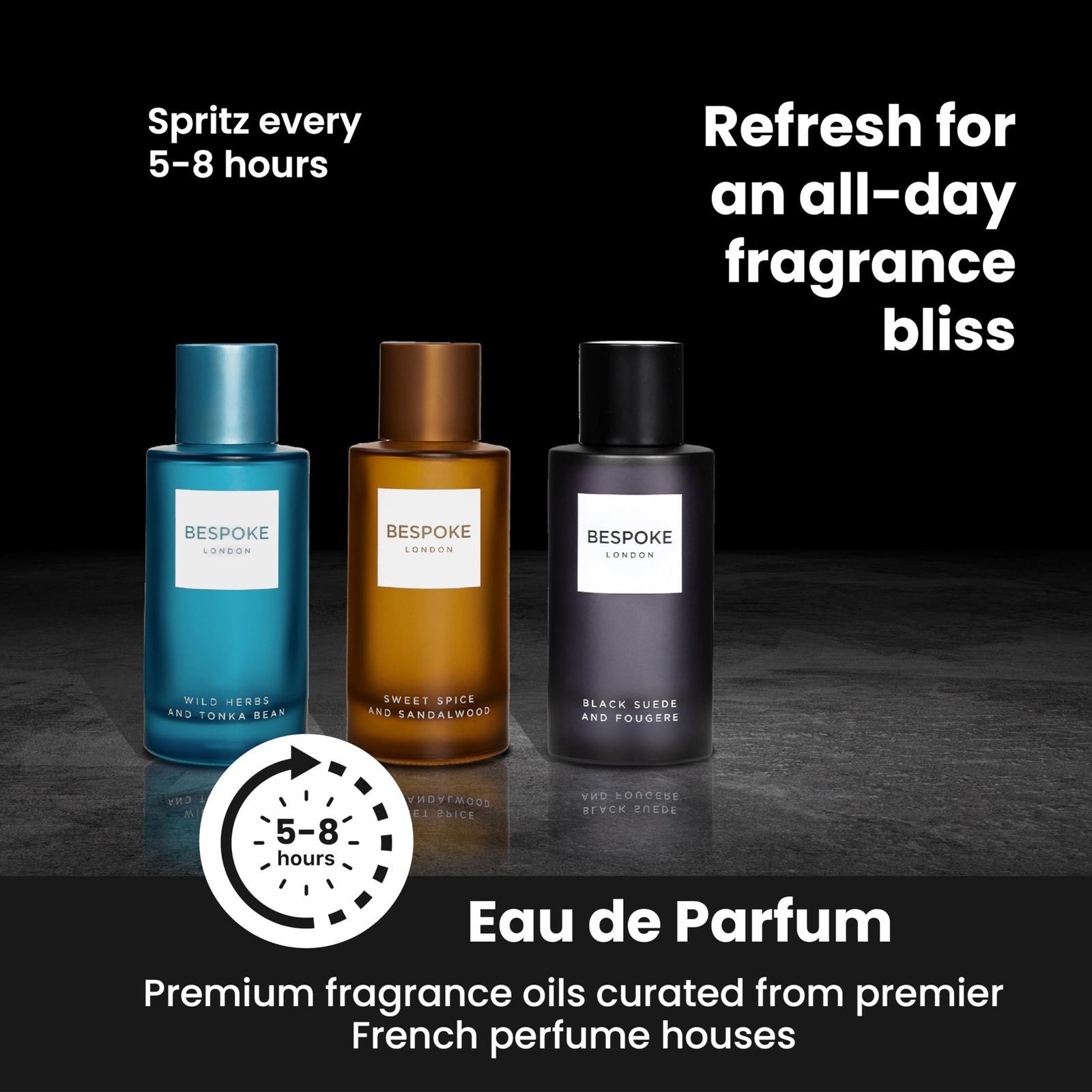 BESPOKE LONDON Premium Mens Perfume Gift Set, Black Suede, Wild Herbs, Sweet Spice, Eau De Parfum with Long Lasting Fragrance - Travel Size Mini Perfume Set, Aftershave Gift Set for Men (3 x 50ml)