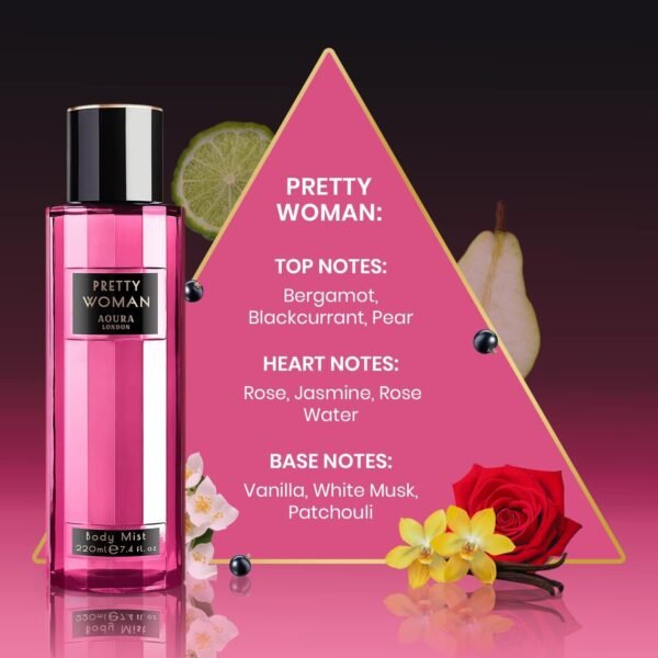Aoura London Womens Love Rush, Pretty Woman, Midnight Passion Body Mist Mixed Fragrance Spray 220ml Bundle (Pack of 3)