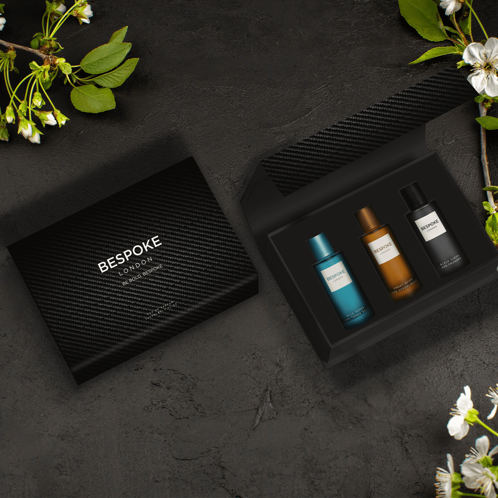 BESPOKE LONDON Premium Mens Perfume Gift Set, Black Suede, Wild Herbs, Sweet Spice, Eau De Parfum with Long Lasting Fragrance - Travel Size Mini Perfume Set, Aftershave Gift Set for Men (3 x 50ml)