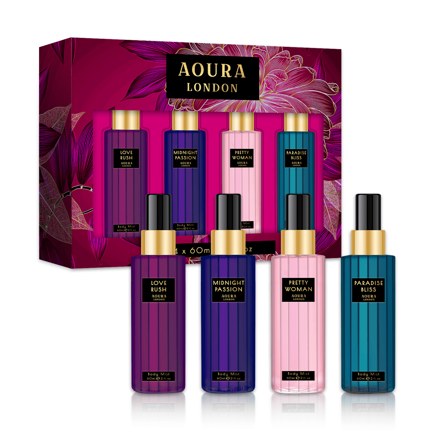 AOURA LONDON Collection Set Womens Body Mist Gift Set, with Midnight Passion, Love Rush, Pretty Woman, & Paradise Bliss, Fragrance Spray Set (4x60ml)