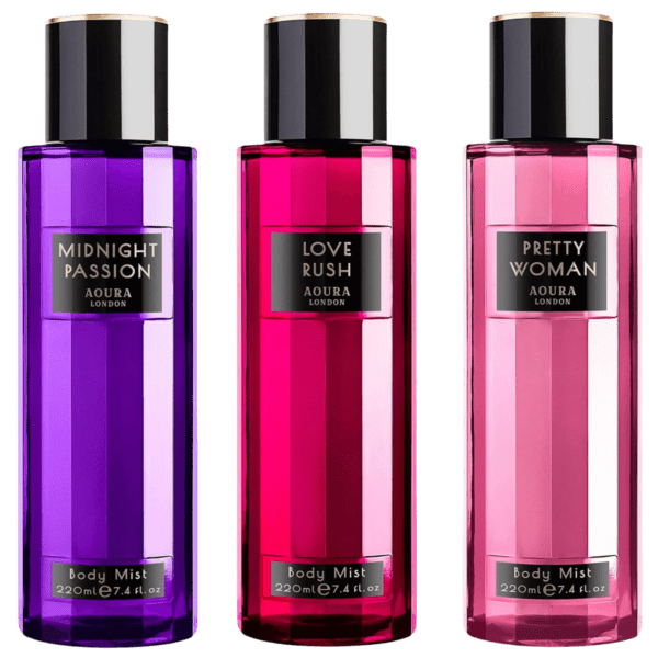 Aoura London Womens Love Rush Pretty Woman Midnight Passion Body Mist Mixed Fragrance Spray 220ml Bundle Pack of 3