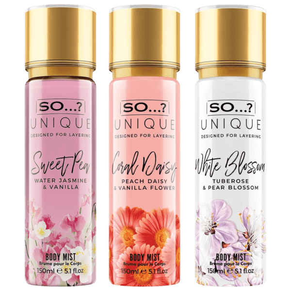 So… Unique Body Mist Mixed Fragrance Bundle 150ml Pack of 3 Sweet Pea Coral Daisy White Blossom