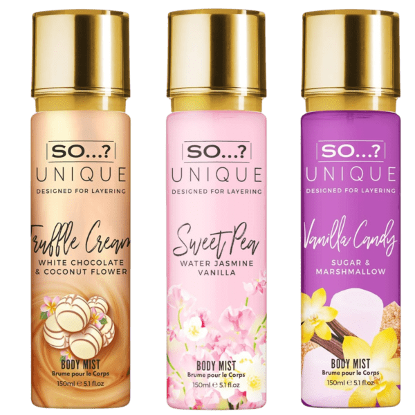 So… Unique Body Mist Spray Mixed Fragrance Bundle 150ml Pack of 3 Truffle Cream Sweet Pea Vanilla Candy