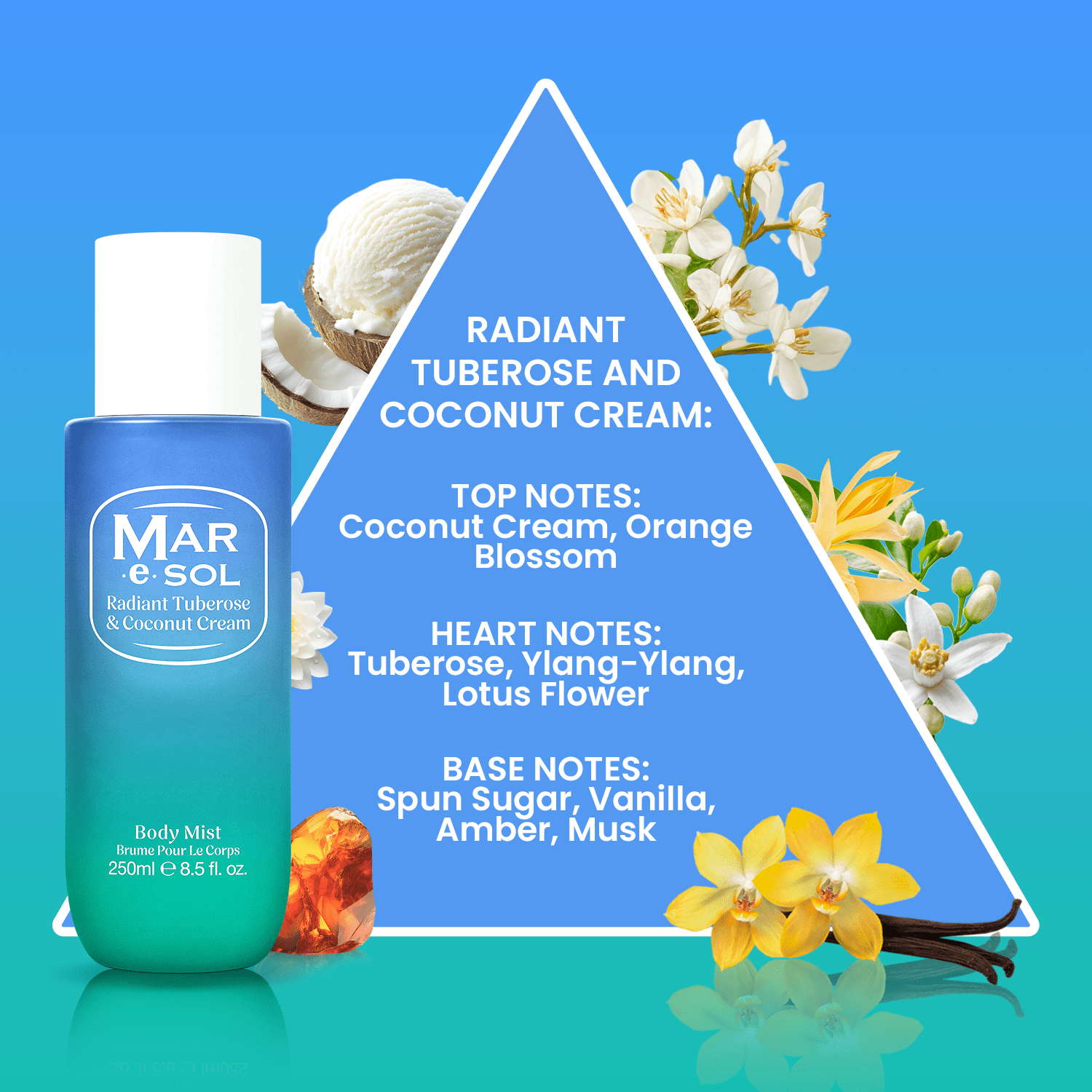 MAR.e.SOL Radiant Tuberose Coconut Cream Body Mist For Women 250ML Long Lasting Sweet Floral Fragrance Spray