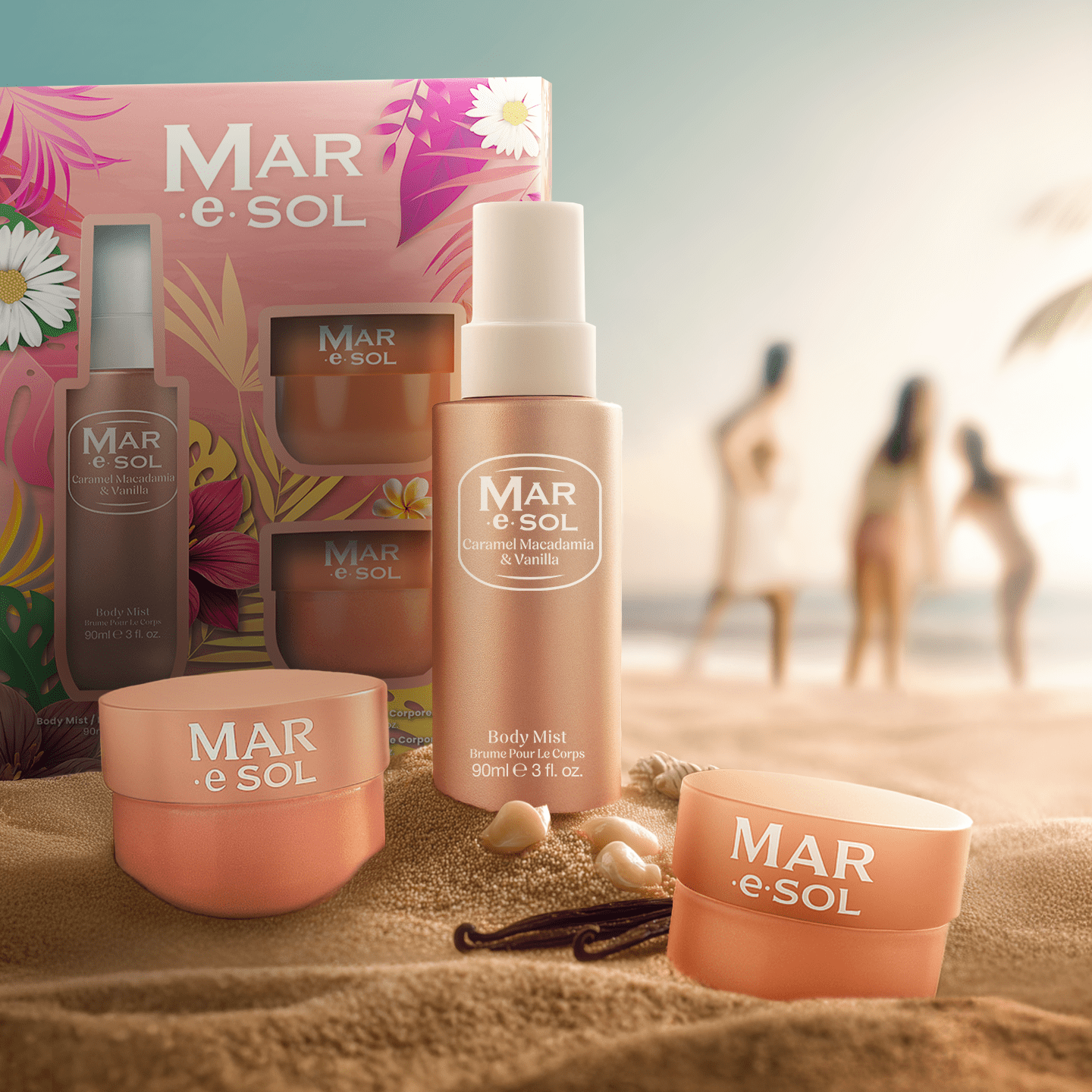 MAR.e.SOL Caramel Macadamia and Vanilla Gift Set For Women Body Mist 90ML Scrub 100G Body Butter 75ML Sweet Long Lasting Fragrance and Care Set