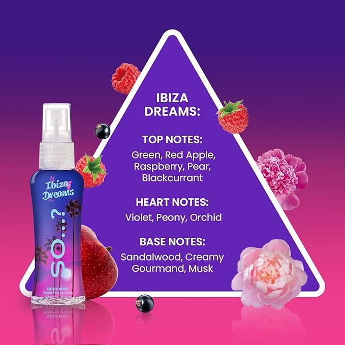 SO…? Escapes Womens Gift Set 4 x 50ML Fragrance Spray Collection – Ibiza Dream, Bali Breeze, Mykonos Nights, Majorca Love